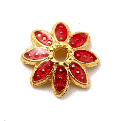 Roja Tapas de perlas de esmalte de aleación de múltiples pétalos, sin plomo y cadmio, dorado, flor, rojo, 7.5x7x2 mm, agujero: 1 mm