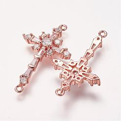 Rose Gold Brass Micro Pave Cubic Zirconia Links, Cross, Rose Gold, 34x20x4mm, Hole: 1mm