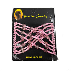 Pink Steel Hair Bun Maker, Stretch Double Hair Comb, with Glass & Acrylic Beads, Pink, 75x85mm