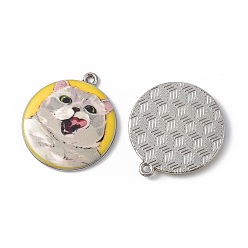 Yellow Printed Alloy Pendants, Platinum, Flat Round with Cat Charm, Yellow, 28x25x3mm, Hole: 1.8mm
