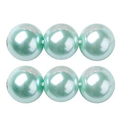 Pale Turquoise Eco-Friendly Glass Pearl Beads Strands, Grade A, Round, Dyed, Cotton Cord Threaded, Pale Turquoise, 14mm, Hole: 1.2~1.5mm, about 30pcs/strand, 15.7 inch