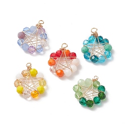 Mixed Color Glass Beaded Flat Round Pendants, with Real 18K Gold Plated Eco-Friendly Round Copper Wire Wrapped Pentagram, Mixed Color, 30.5x23.5x6mm, Hole: 3mm
