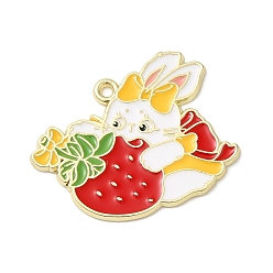 Strawberry Easter Alloy Enamel Pendants, Golden, Rabbit Charm, Strawberry, 28x32x1.4mm, Hole: 1.8mm