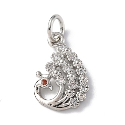Platinum Brass Micro Pave Cubic Zirconia Charms, with Jump Ring, Peacock Charms, Platinum, 14.5x10x2mm, Hole: 3mm