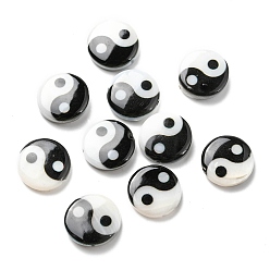 Black Printed Natural Freshwater Shell Beads, Yin Yang Flat Round Beads, Black, 11~12x3~3.5mm, Hole: 0.8mm