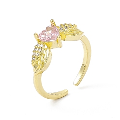 Real 18K Gold Plated Pink Cubic Zirconia Heart with Wing Open Cuff Ring, Rack Plating Brass Jewelry for Women, Cadmium Free & Lead Free, Real 18K Gold Plated, US Size 6 3/4(17.1mm)