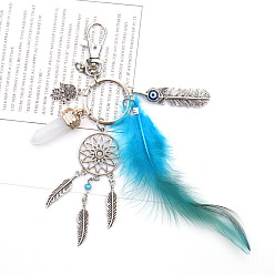 Bleu Ciel Porte-clés pendentif en alliage et verre, avec l'anneau de la clé de fer, gland de plumes, filet/toile tissé avec plume et balle et main hamsa, bleu ciel, 10 cm