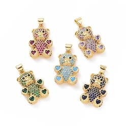 Mixed Color Brass Cubic Zirconia Pendants, Golden, Bear with Heart Charm, Mixed Color, 23x15x4mm, Hole: 4X5mm