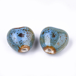 Sky Blue Handmade Porcelain Beads, Fancy Antique Glazed Porcelain, Heart, Sky Blue, 14~15x16x9~10mm, Hole: 2mm