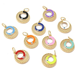 Mixed Color Brass Pendants, with Enamel, Real 18K Gold Plated, Long-Lasting Plated, Round Ring with Evil Eye Charm, Mixed Color, 36.5x32.5x3.5mm, Hole: 11x7.5mm