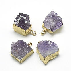 Amethyst Plated Natural Druzy Amethyst Pendants, with Brass Findings, Square, Golden, 25~35x20~30x20~25mm, Hole: 5x7mm