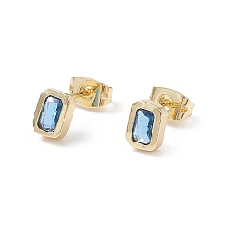 Sky Blue Cubic Zirconia Rectangle Stud Earrings, Real 18K Gold Plated Brass Jewelry for Women, Cadmium Free & Nickel Free & Lead Free, Sky Blue, 7x5mm, Pin: 0.9mm