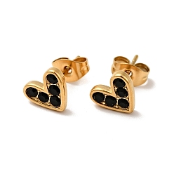 Jet Heart 304 Stainless Steel Rhinestone Stud Earrings, 316 Surgical Stainless Steel Pin Ear Studs, with Ear Nuts, Golden, Jet, 7x8.5mm, Pin: 0.7mm