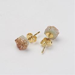 Golden Druzy Quartz Crystal Stud Earrings, with Brass Findings, Golden, 16~18x7~8mm, pin: 0.8mm