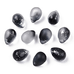 Black Two Tone Spray Painted Glass Charms, with Silver Foil, Frosted, Teardrop, Black, 14x10x9.5mm, Hole: 1mm
