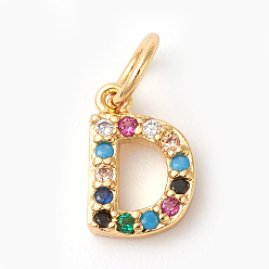 Letter D Brass Micro Pave Colorful Cubic Zirconia Charms, Golden, Letter.D, 9x6x2mm, Hole: 3mm