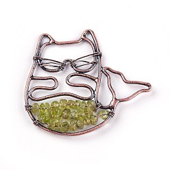 Peridot Natural Peridot Big Pendants, with Brass Findings, Animal, Red Copper, 44x50x6mm