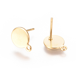 Golden Vacuum Plating 304 Stainless Steel Ear Stud Components, with Loop and Flat Plate, Flat Round, Golden, 10.5~12x8mm, Hole: 1.2mm, Pin: 0.7mm