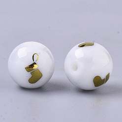 Golden Plated Christmas Opaque Glass Beads, Round with Electroplate Christmas Sock Pattern, Golden Plated, 10mm, Hole: 1.2mm