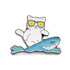 White Cat Surfing Enamel Pin, Cute Animal Alloy Enamel Brooch for Backpack Clothes, Gunmetal, White, 20.5x28x10mm, Pin: 1mm