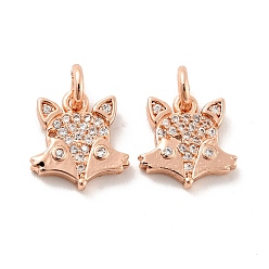 Rose Gold Fox Brass Micro Pave Clear Cubic Zirconia Charms, with Jump Ring, Cadmium Free & Lead Free, Rose Gold, 11.5x11x2mm, Hole: 3mm