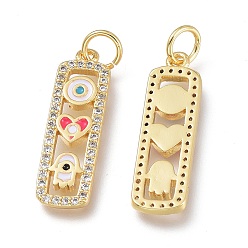 Real 18K Gold Plated Brass Micro Pave Clear Cubic Zirconia Pendants, with Enamel & Jump Rings, Long-Lasting Plated, Rectangle with Hamsa Hand & Heart & Round, Real 18K Gold Plated, 22.5x6.5x2mm, Jump Ring: 5x0.7mm, Hole: 3.6mm