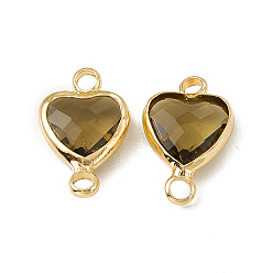 Llamarada Marrón Colgantes de conector de vidrio transparente k, enlaces corazón, con hallazgos de latón dorado claro, bengala marrón, 9 mm, agujero: 14x8.5x3.7 mm