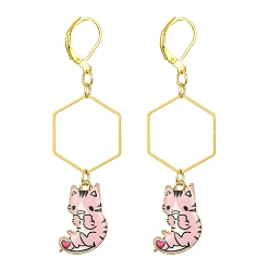 Pink Boucles d'oreilles pendantes en alliage de placage en rack, boucles d'oreilles pendantes en forme de chat, boucles d'oreilles longues pendantes en laiton doré, rose, 66x19.5mm
