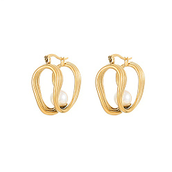 Real 18K Gold Plated 304 Stainless Steel Hoop Earrings, with Imitation Pearl Beads, Real 18K Gold Plated, 23x21mm