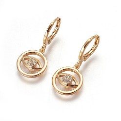 Golden Brass Dangle Hoop Earrings, with Cubic Zirconia, Long-Lasting Plated, Cadmium Free & Nickel Free & Lead Free, Eye, Golden, 28mm, Pin: 1mm