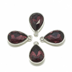 Dark Red Alloy Glass Charms, Faceted, teardrop, Platinum, Dark Red, 14.5x9x5mm, Hole: 1.5mm