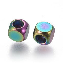 Rainbow Color Revestimiento iónico (ip) 304 perlas de acero inoxidable, cubo, color del arco iris, 4x4x4 mm, agujero: 2.5 mm