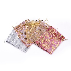 Mixed Color Rose Printed Organza Bags, Wedding Favor Bags, Favour Bag, Gift Bags, Rectangle, Mixed Color, 12x10cm, 5pcs/color, 25pcs/set