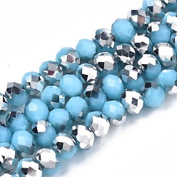 Light Sky Blue Electroplate Opaque Glass Beads Strands, Half Silver Plated, Faceted, Rondelle, Light Sky Blue, 6x5mm, Hole: 1mm, about 85~88pcs/strand, 16.1~16.5 inch(41~42cm)