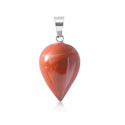 Red Jasper Natural Red Jasper Pendants, Teardrop Charms with Platinum Plated Metal Snap on Bails, 26x16mm