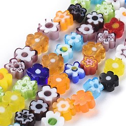 Color mezclado Hilos de perlas de vidrio millefiori artesanal, flor, color mezclado, 4~7.2x2.6 mm, agujero: 1 mm, sobre 60~69 unidades / cadena, 16 pulgada (40 cm)
