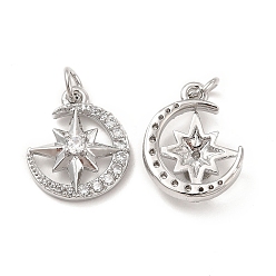 Platinum Brass Micro Pave Cubic Zirconia Pendants, with Jump Ring, Moon with Star Charm, Platinum, 16x13.4x4mm, Hole: 2.5mm
