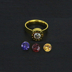Golden 304 Stainless Steel Finger Rings, with 4-Color Rhinestones, Golden, Size 6~9, 16~19mm