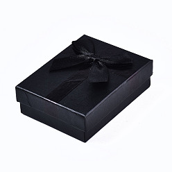 Negro Caja de cartón, Para el anillo, pendiente, Collar, con la esponja en el interior, Rectángulo con bowknot, negro, 9x7x2.9 cm