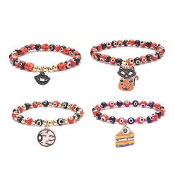 Mixed Color 4Pcs 4 Style Halloween Theme Evil Eye Lampwork & Synthetic Turquoise Skull Stretch Bracelets Set, Alloy Enamel Fangs Mouth & Cake & Eyeball & Cat Charms Stackable Bracelets for Women, Mixed Color, Inner Diameter: 2-1/8 inch(5.3cm), 1Pc/style