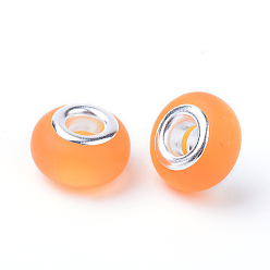 Dark Orange Resin Imitation Cat Eye European Beads, Large Hole Beads, with Silver Color Plated Brass Cores, Rondelle, Dark Orange, 13.5~14x8~8.5mm, Hole: 5mm