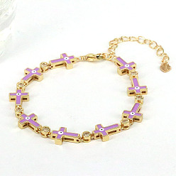 Purple Enamel Cross with Evil Eye Link Chains Bracelet with Cubic Zirconia, Gold Plated Brass Jewelry for Women, Purple, 9-1/2~10-1/4 inch(24~26cm)