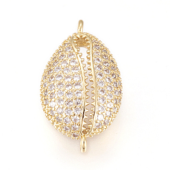 Real 18K Gold Plated Brass Micro Pave Cubic Zirconia Links, Long-Lasting Plated, Lead Free & Cadmium Free & Nickel Free, Cowrie Shell, Clear, Real 18K Gold Plated, 21x12x6.5mm, Hole: 1.2mm