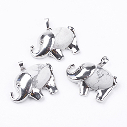 Howlite Natural Howlite Pendants, with Platinum Tone Brass Findings, Elephant, 29x38x10mm, Hole: 5x3.5mm
