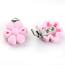 Pink Food Grade Eco-Friendly Silicone Baby Pacifier Clips, with 304 Stainless Steel Clips, Flower, Stainless Steel Color, Pink, 52x40x23mm, Hole: 4x12.5mm and 5mm