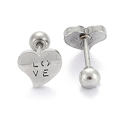 Stainless Steel Color 201 Stainless Steel Earlobe Plugs for Valentine's Day, Screw Back Earrings, with 304 Stainless Steel Pins, Heart with Word Love, Stainless Steel Color, 7x8x2mm, Pin: 1mm