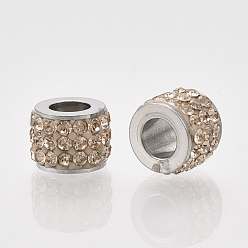 Jonquil 201 Stainless Steel Beads, with Polymer Clay Rhinestone, Column, Light Peach, 5.5x7mm, Hole: 3.5mm