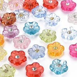 Color mezclado 1 botones de resina hoyos de, con diamantes de imitación de cristal, 5 pétalos de flores, color mezclado, 15x15.5x6.5 mm, agujero: 1.6 mm