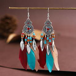 Colorful Feather Chandelier Earrings, Antique Silver Plated Alloy Jewelry for Women, Colorful, 110x22mm