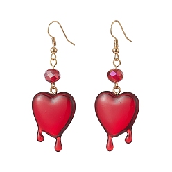 Brique Rouge Boucles d'oreilles pendantes cœur fondant en résine, bijoux en laiton doré pour femme, firebrick, 59mm, pin: 0.7 mm